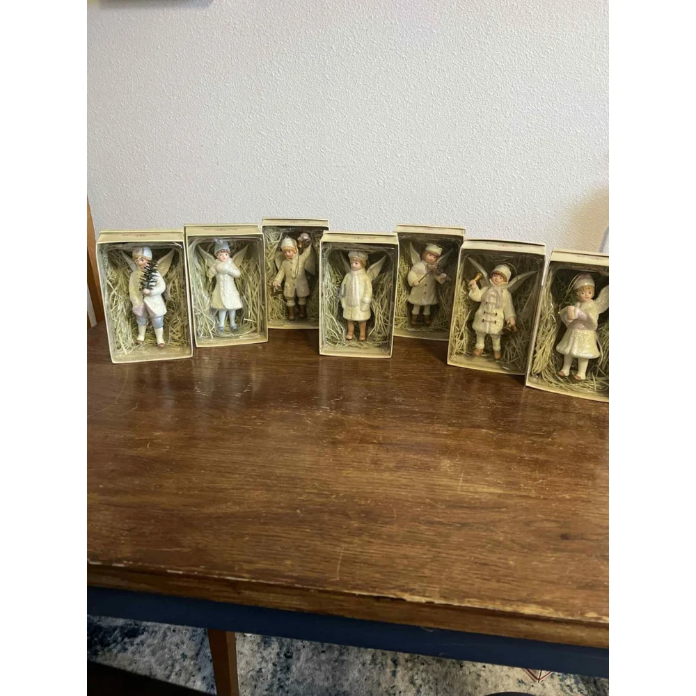 Vintage-Style Porcelain Angel Ornaments SET OF 7 W/ Boxes Costco Import Glitter